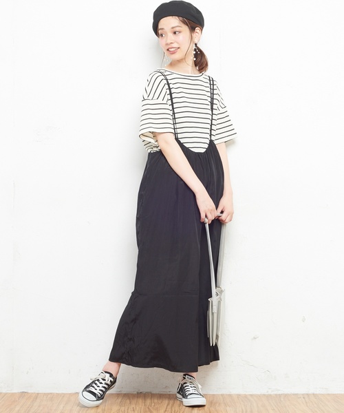 natural couture（ナチュラルクチュール）の「AWギャザー×後ろレースアップサロペ（ワンピース・レディース・ブラック/ベージュ/ドット/チェック/レンガ・FREE）」の6枚目の写真