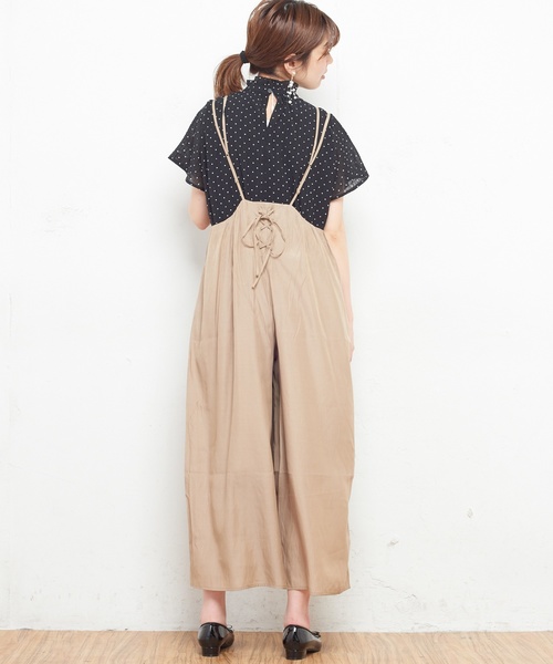 natural couture（ナチュラルクチュール）の「AWギャザー×後ろレースアップサロペ（ワンピース・レディース・ブラック/ベージュ/ドット/チェック/レンガ・FREE）」の10枚目の写真