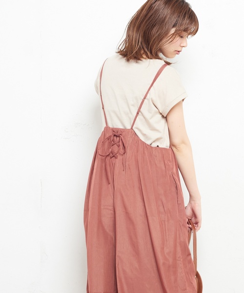 natural couture（ナチュラルクチュール）の「AWギャザー×後ろレースアップサロペ（ワンピース・レディース・ブラック/ベージュ/ドット/チェック/レンガ・FREE）」の14枚目の写真