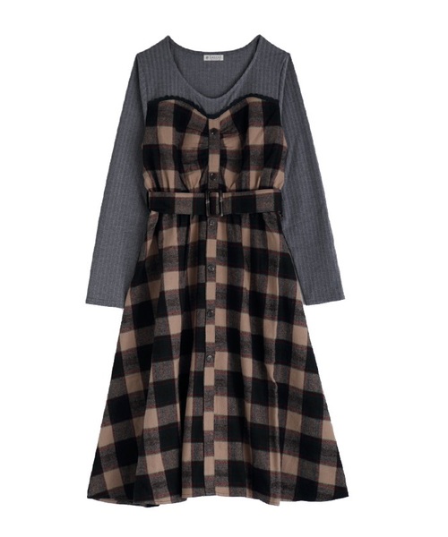 axes femme（アクシーズファム）の「ベルト付レイヤード風ワンピ（ワンピース・レディース・ワイン/ベージュ/ネイビー・MEDIUM）」の3枚目の写真