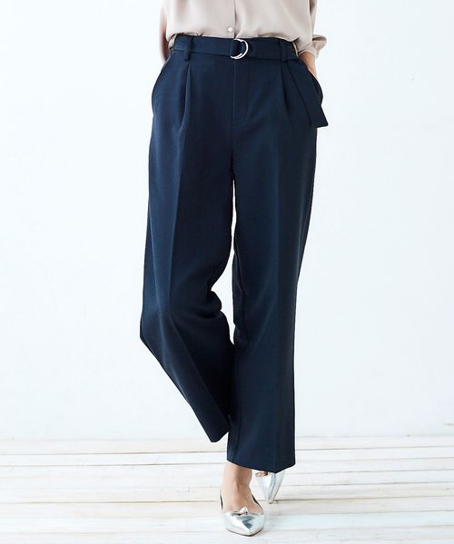 Perle Peche(ペルルペッシュ)の「バックルベルト付ワイドパンツ(パンツ)」|ネイビー