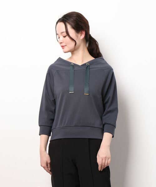 12Twelve Agenda(トゥエルブ アジェンダ)の「フード風7分袖カットソープルオーバー(Tシャツ/カットソー・レディース・オフホワイト/ネイビー/チャコールグレー/ライトグレー/ミント・M/S)」の4枚目の写真