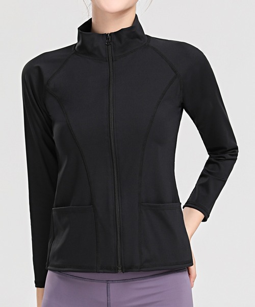 DAY CLOSET（デイ クローゼット）の「長袖タートルネックジップアップフィットネスヨガウェア（ジャージ・レディース・ダークグレー/ブラック・S/L/M/LL）」の2枚目の写真