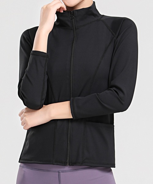 DAY CLOSET（デイ クローゼット）の「長袖タートルネックジップアップフィットネスヨガウェア（ジャージ・レディース・ダークグレー/ブラック・S/L/M/LL）」の3枚目の写真