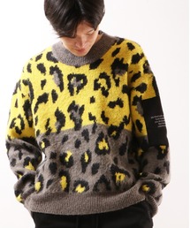 RE730 モヘアタッチレオパード柄ビックシルエットクルーネック ハイゲージニット