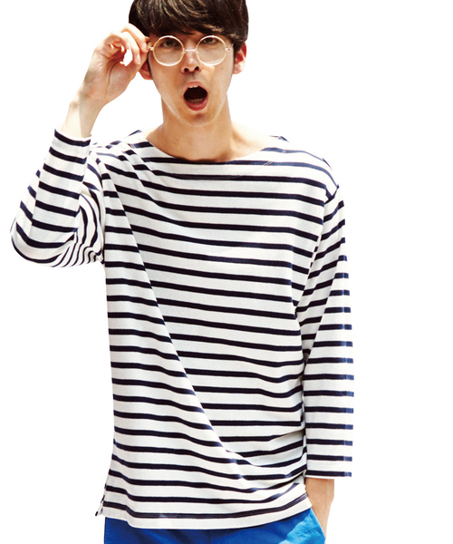 WEGO（ウィゴー）の「WEGO/スタンダードバスク7分袖シャツ（Tシャツ/カットソー・メンズ・オフホワイト/ブラック/ブルー/ターコイズブルー/ネイビー/レッド・LARGE/MEDIUM）」の4枚目の写真