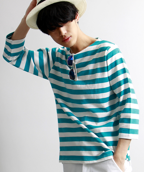 WEGO（ウィゴー）の「WEGO/スタンダードバスク7分袖シャツ（Tシャツ/カットソー・メンズ・オフホワイト/ブラック/ブルー/ターコイズブルー/ネイビー/レッド・LARGE/MEDIUM）」の5枚目の写真