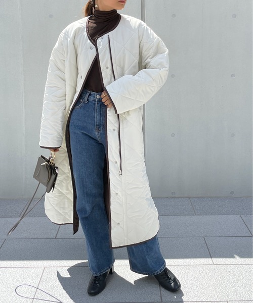 StyleSea（スタイルシー）の「キルティングリバーシブルコート（ノーカラーコート・レディース・アイボリー/ブラウン/ベージュ/ブラック/モカ・FREE）」の2枚目の写真