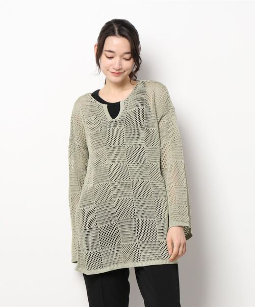 STYLEBLOCK（スタイルブロック）の「A麻タッチブロックネット編みニットプルオーバー（ニット/セーター・レディース・モカ/グリーン系その他/ブラック/オフホワイト/テラコッタ・M）」の5枚目の写真