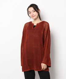 A麻タッチブロックネット編みニットプルオーバー