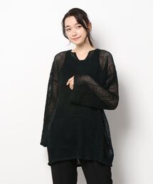 A麻タッチブロックネット編みニットプルオーバー