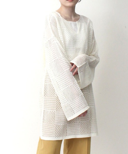 STYLEBLOCK（スタイルブロック）の「A麻タッチブロックネット編みニットプルオーバー（ニット/セーター・レディース・モカ/グリーン系その他/ブラック/オフホワイト/テラコッタ・M）」の2枚目の写真
