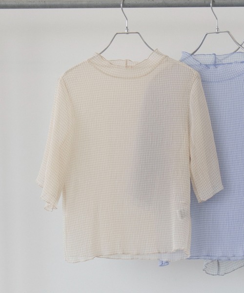 Green　Parks（グリーンパークス）の「・ELENCARE DUE ギンガムプルオーバー（Tシャツ/カットソー・レディース・ブラック/ベージュ/サックスブルー/グレー・FREE）」の3枚目の写真
