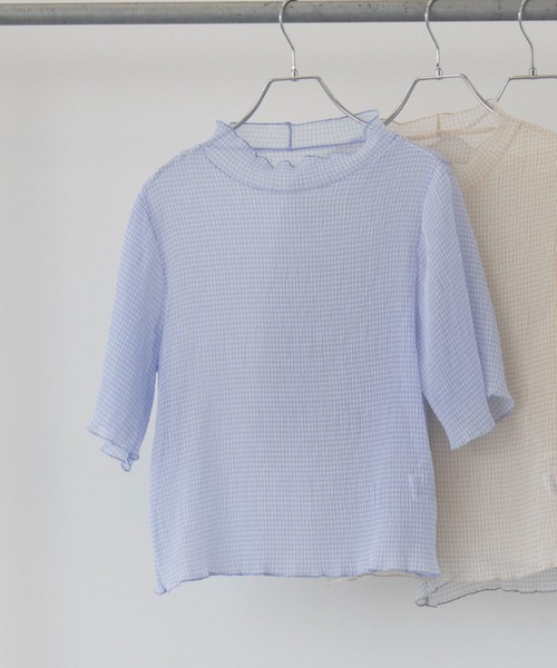 Green　Parks（グリーンパークス）の「・ELENCARE DUE ギンガムプルオーバー（Tシャツ/カットソー・レディース・ブラック/ベージュ/サックスブルー/グレー・FREE）」の4枚目の写真