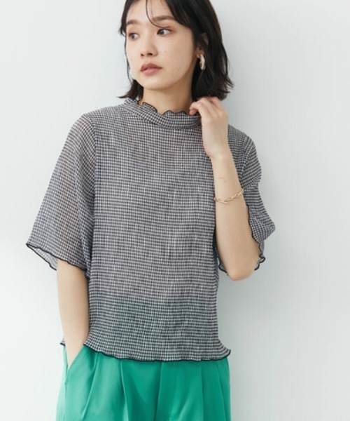 Green　Parks（グリーンパークス）の「・ELENCARE DUE ギンガムプルオーバー（Tシャツ/カットソー・レディース・ブラック/ベージュ/サックスブルー/グレー・FREE）」の2枚目の写真