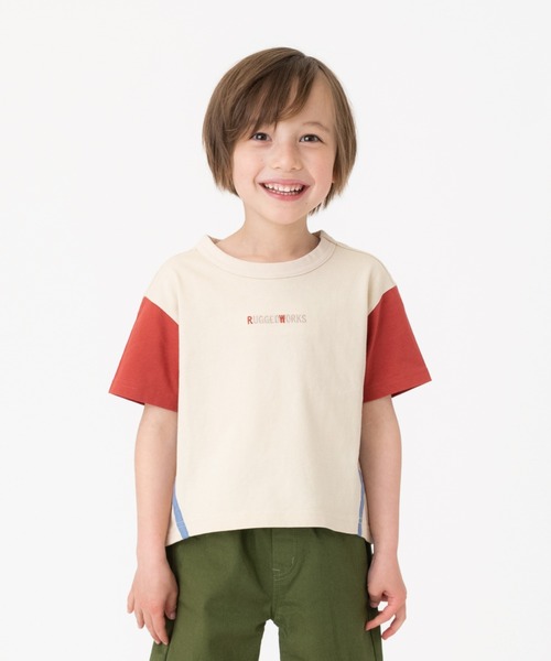 RUGGEDWORKS(ラゲッドワークス)の「テープ使い半袖TEE(Tシャツ/カットソー・キッズ・チャコール/アイボリー・150/90/130/100/120/110/140)」の1枚目の写真