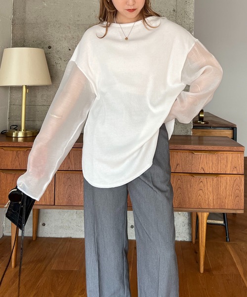 CAPRICIEUX LE'MAGE（カプリシューレマージュ）の「シアースリーブリブＴシャツ（Tシャツ/カットソー・レディース・ホワイト/ブラック/ベージュ・FREE）」の6枚目の写真