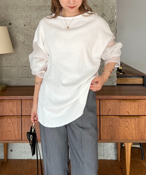 CAPRICIEUX LE'MAGE（カプリシューレマージュ）の「シアースリーブリブＴシャツ（Tシャツ/カットソー・レディース・ホワイト/ブラック/ベージュ・FREE）」の7枚目の写真