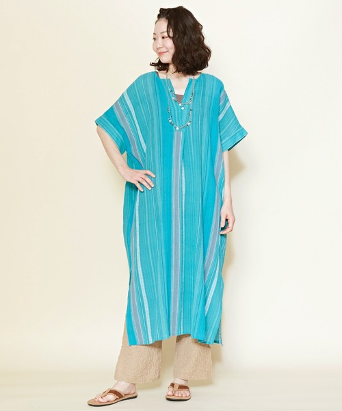 チャイハネ（チャイハネ）の「【チャイハネ】ケララデカフタンワンピース（ワンピース・レディース・ホワイト/ブラウン/ブルー・FREE）」の3枚目の写真