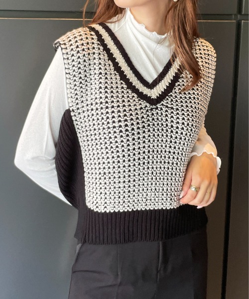 Meli rich（メリーリッチ）の「レトロ感溢れる。バイカラージャガードニットベスト（ベスト・レディース・ブラック/ブラウン/グリーン/オレンジ・MEDIUM）」の18枚目の写真