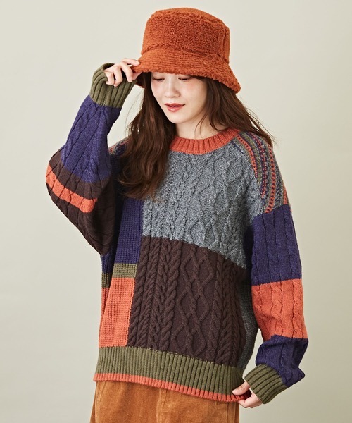 CUBE SUGAR(キューブシュガー)の「ウォッシャブルニット配色ブロッキングプルオーバー(ニット/セーター・レディース・ネイビー/ピンク/ナチュラル・M)」の3枚目の写真