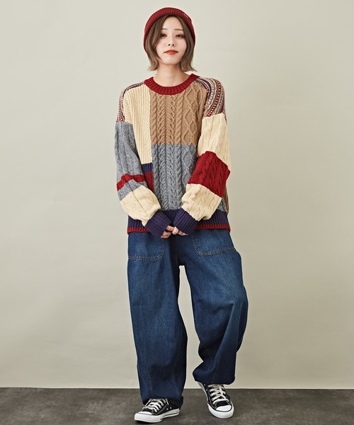 CUBE SUGAR(キューブシュガー)の「ウォッシャブルニット配色ブロッキングプルオーバー(ニット/セーター・レディース・ネイビー/ピンク/ナチュラル・M)」の5枚目の写真