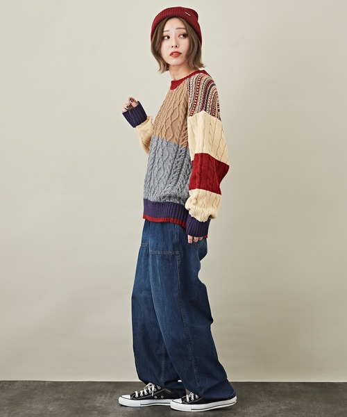 CUBE SUGAR(キューブシュガー)の「ウォッシャブルニット配色ブロッキングプルオーバー(ニット/セーター・レディース・ネイビー/ピンク/ナチュラル・M)」の6枚目の写真