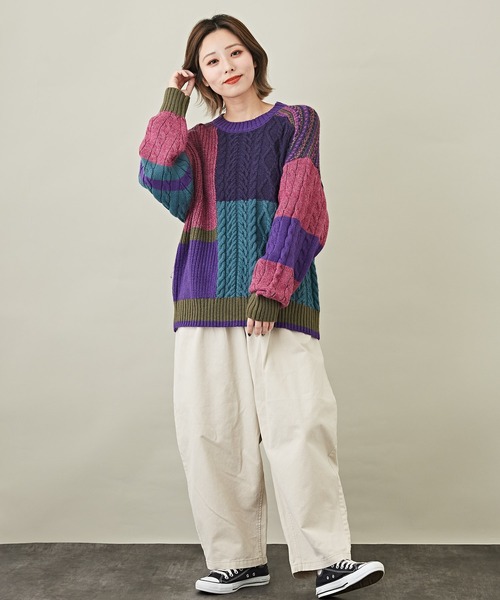 CUBE SUGAR(キューブシュガー)の「ウォッシャブルニット配色ブロッキングプルオーバー(ニット/セーター・レディース・ネイビー/ピンク/ナチュラル・M)」の9枚目の写真