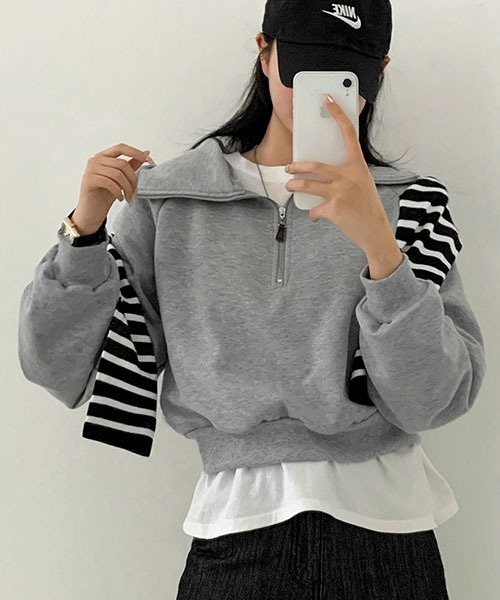 BEIDELLI（ベイデリー）の「[BELLIDE MADE] スタンダードハーフジップアップスウェットシャツ（スウェット・レディース・グレー系その他/オートミール/スカイブルー・FREE）」の2枚目の写真