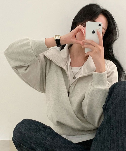 BEIDELLI（ベイデリー）の「[BELLIDE MADE] スタンダードハーフジップアップスウェットシャツ（スウェット・レディース・グレー系その他/オートミール/スカイブルー・FREE）」の10枚目の写真