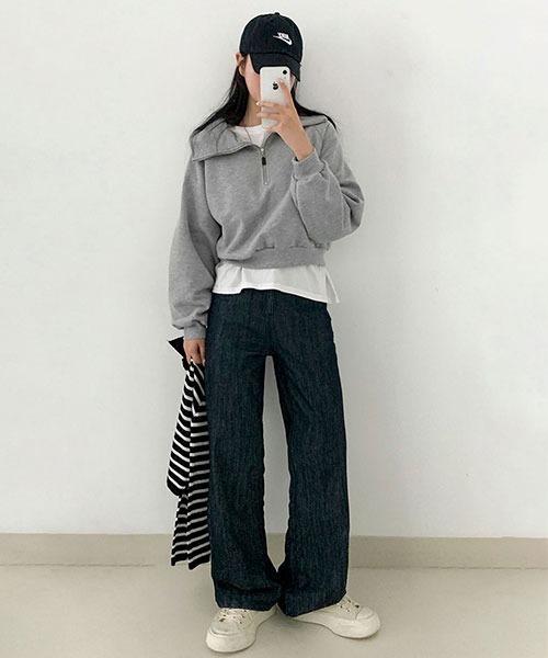 BEIDELLI（ベイデリー）の「[BELLIDE MADE] スタンダードハーフジップアップスウェットシャツ（スウェット・レディース・グレー系その他/オートミール/スカイブルー・FREE）」の19枚目の写真