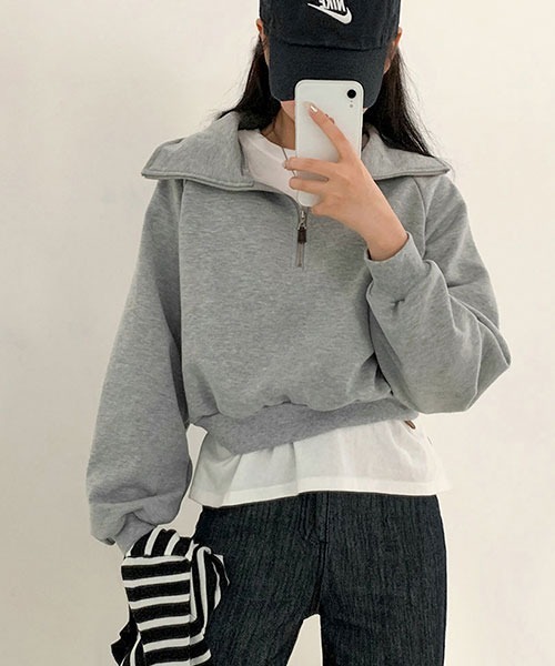 BEIDELLI（ベイデリー）の「[BELLIDE MADE] スタンダードハーフジップアップスウェットシャツ（スウェット・レディース・グレー系その他/オートミール/スカイブルー・FREE）」の12枚目の写真