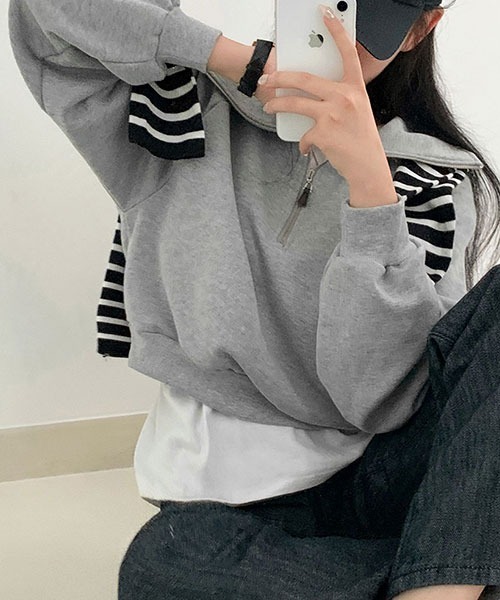 BEIDELLI（ベイデリー）の「[BELLIDE MADE] スタンダードハーフジップアップスウェットシャツ（スウェット・レディース・グレー系その他/オートミール/スカイブルー・FREE）」の8枚目の写真