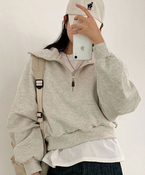 BEIDELLI（ベイデリー）の「[BELLIDE MADE] スタンダードハーフジップアップスウェットシャツ（スウェット・レディース・グレー系その他/オートミール/スカイブルー・FREE）」の7枚目の写真