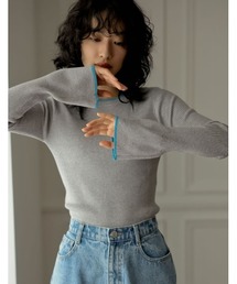 Re:EDIT | [2023-24 WINTER COLLECTION]クルーネックフレアスリーブ配色リブニットトップス(ニット/セーター)