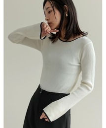 Re:EDIT | [2023-24 WINTER COLLECTION]クルーネックフレアスリーブ配色リブニットトップス(ニット/セーター)