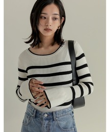 Re:EDIT | [2023A/W COLLECTION]クルーネックフレアスリーブ配色リブニットトップス(ニット/セーター)