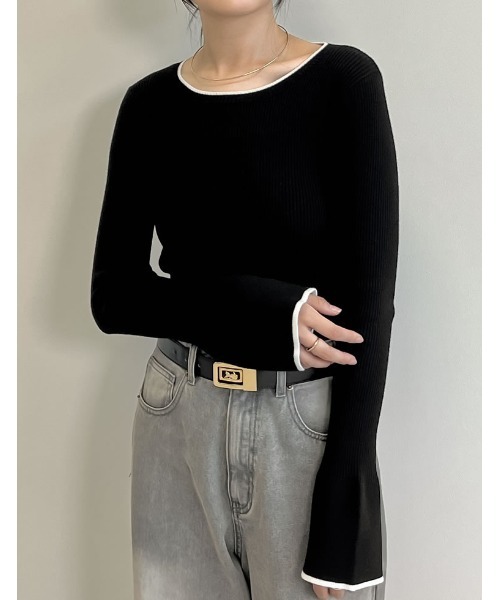 Re:EDIT（リエディ）の「[2025AW COLLECTION][新色追加][販売枚数4万枚！][二の腕すっきり]クルーネックフレアスリーブ配色リブニットトップス（ニット/セーター・レディース・ブラック系/ライトグレー系/アイボリー系/ベージュ系/ブラック/ホワイト系その他/モカ/アイボリー/ホワイト系/グレー/ピンク系/ブラウン系・LARGE/MEDIUM）」の17枚目の写真