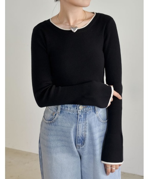 Re:EDIT（リエディ）の「[2025AW COLLECTION][新色追加][販売枚数4万枚！][二の腕すっきり]クルーネックフレアスリーブ配色リブニットトップス（ニット/セーター・レディース・ブラック系/ライトグレー系/アイボリー系/ベージュ系/ブラック/ホワイト系その他/モカ/アイボリー/ホワイト系/グレー/ピンク系/ブラウン系・LARGE/MEDIUM）」の20枚目の写真