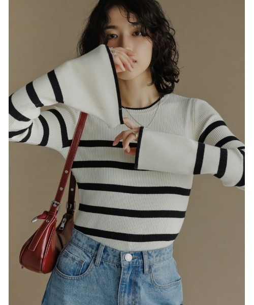 エレガントなリブニットフレアドレス サイズ2 WEB限定】ELENAフレアスリーブ リブニット / 組曲 L