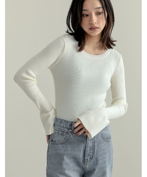 あやページ クルーネックフレアスリーブ配色リブニットトップス - トップス