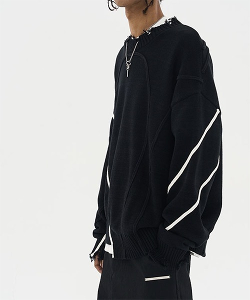 HARSH AND CRUEL（ハーシュアンドクルーエル）の「パイピング加工ダメージニットセーター HC22W8TP04【Harsh and Cruel】（ニット/セーター・メンズ・ブラック・L/M/XL）」の3枚目の写真