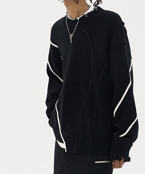 HARSH AND CRUEL（ハーシュアンドクルーエル）の「パイピング加工ダメージニットセーター HC22W8TP04【Harsh and Cruel】（ニット/セーター・メンズ・ブラック・L/M/XL）」の4枚目の写真