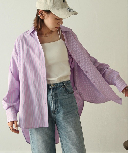 Chillfar（チルファー）の「袖口スリットストライプシャツ（シャツ/ブラウス・レディース・ブルー/ピンク/ネイビー・MEDIUM/LARGE）」の3枚目の写真