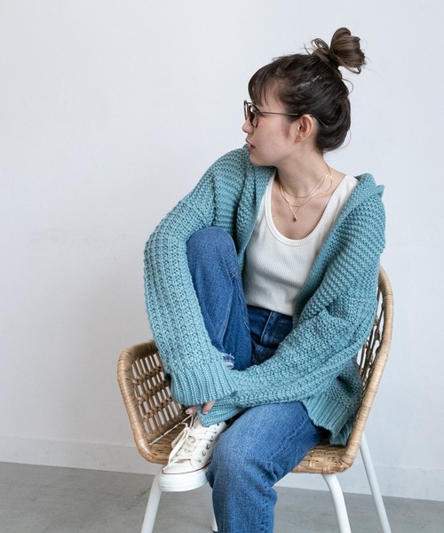 フード付きケーブル編みニットカーディガン（カーディガン/ボレロ