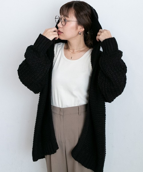 フード付きケーブル編みニットカーディガン（カーディガン/ボレロ