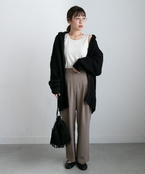 フード付きケーブル編みニットカーディガン（カーディガン/ボレロ