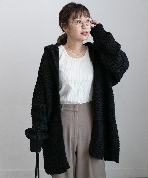 楽天市場】厚手 フード付き ニットコート カーディガン ケーブル