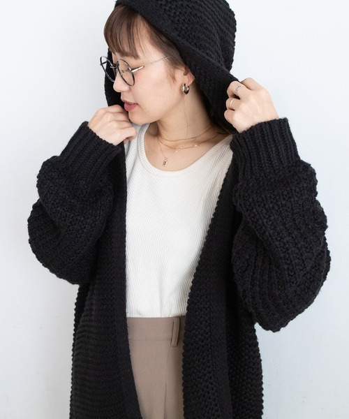 ブラック フード付きネット編みカーディガン フード付きケーブル編みニットカーディガン（カーディガン/ボレロ