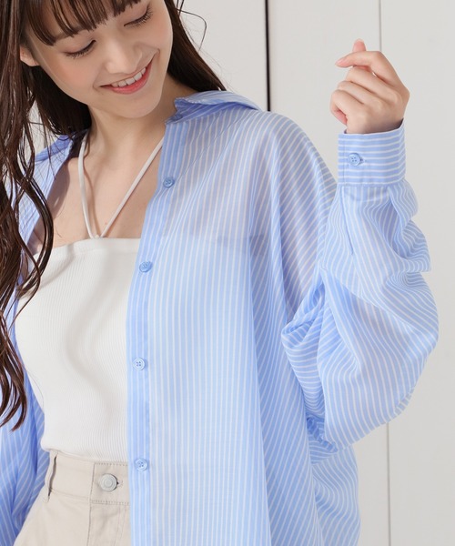 Honeys（ハニーズ）の「シアーシャツ（シャツ/ブラウス・レディース・サックスブルー系/ホワイト×ブルー/ホワイト×パープル/グリーン系その他/ピンク系その他・M/L/S）」の17枚目の写真